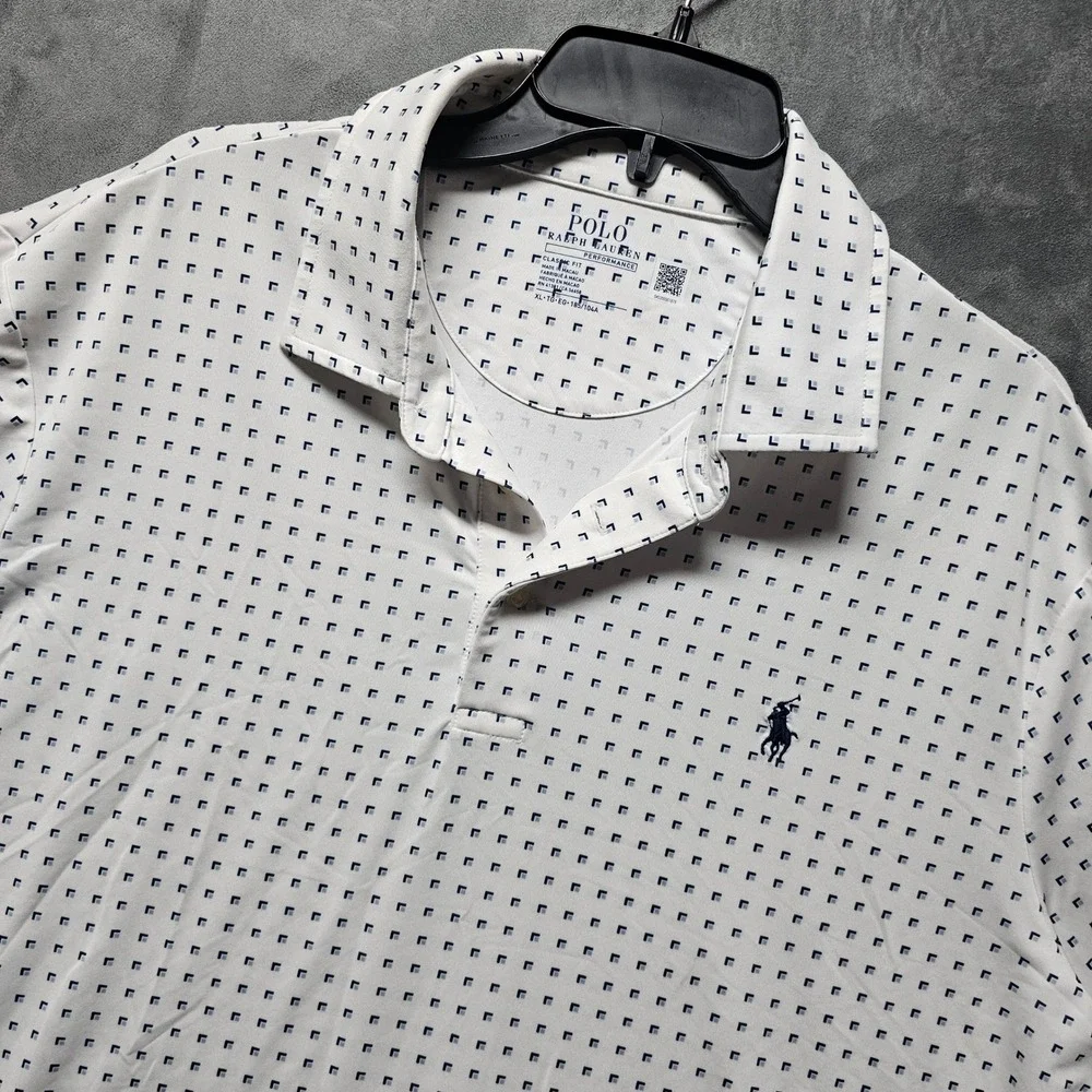 Polo Ralph Lauren Performance Men's XL White Navy Blue Geometric Golf Polo Shirt